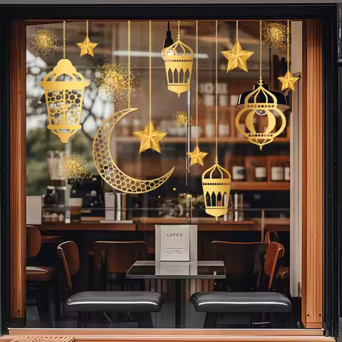 Ramadan Festival Stickers Star Moon Light Shadow Gold-Vermeil Wishing Removable Static Cling Home De