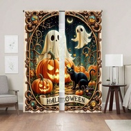 2PCS Halloween Themed Printed Curtains With Ghost, Black Cat, Pumpkin Relief Edge Pattern Design, Cu