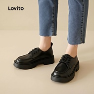Lovito Vintage Plain Retro British Style Tali Ikat Kasut Loafer Hitam Kulit Perempuan Jk Boat Shoes 