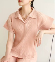 Miyake ผ้าหนาจีบแฟชั่นเสื้อโปโลคอปก7323สีทึบ