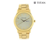 Titan Analog with Day and Date Quartz Champagne Dial Metal Round Stainless Steel Strap watch for Men