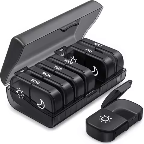 Weekly Pill Organizer 2 Times a Day, Pill Box 7 Day with One-Side Large Openings, Black Privacy Prot