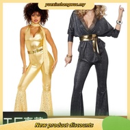 inhzoy Womens 70s 80s Disco Prom Jumpsuit Outfit Lapel V Neck Sveless Metallic Shi Contrast Color Fl