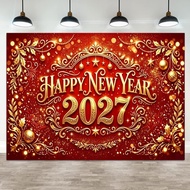 Happy New Year 2027 Party Banner Photography Backdrop Red Gold Holly Ornament Star Bokeh Background