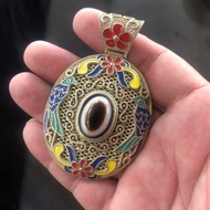 Retro Tibetan Silver Inlaid Agate Sheep's Eye Dzi Beads Sweater Chain Jade Pendant Cloisonne Pendant