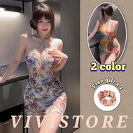 (40kg - 60kg) Vivi Sexy Lingerie Deep V Backless Nightwear Dress Baju Tidur Malam Wanita 夏日缤纷性感睡裙