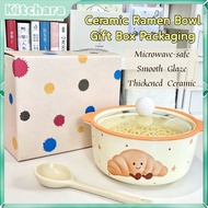 Kitchara💗 Ceramic Instant Noodle Bowl with Lid Gift Box Styles Cute Double Handle Soup Bowl Heat Res