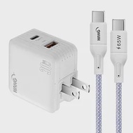 HANG 30W雙孔 氮化鎵GaN快充USB+Type-C 超快充電器-白+65W高密編織Type-C to Type-C快充充電線2米 紫線