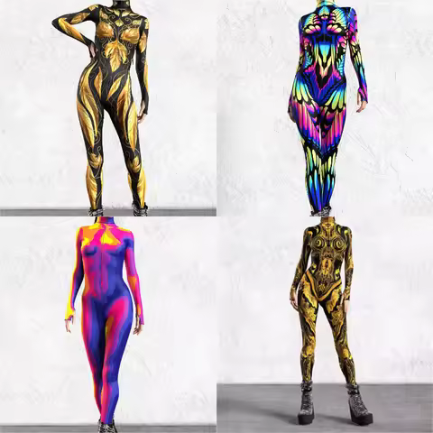 Women New Halloween Artistry Bodysuit Gothic 3D Body Paint Costume Form Fitting Skeleton Cosplay wit