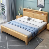 Rubber Wood Multifunctional Double Bed Solid Wood Bed Board with Bed Log Color Thick Night Light Nor