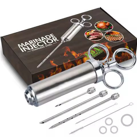 Stainless Steel Meat Injector Syringe Kit Flavor Injector with 3 Marinade Needles Kitchen Food Injec