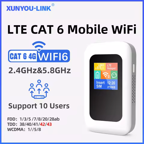 XUNYOU-LINK Cat 6 LTE Mobile WiFi Router 4G+ WIFI 6 Portable Hotspot with 3000mAh Battery High-Speed