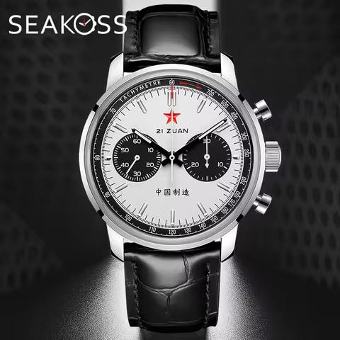 SEAKOSS 42mm Panda Men's 1963 Chronograph Mechanical Wristwatch Seagull st1901 Movement Gooseneck Lu