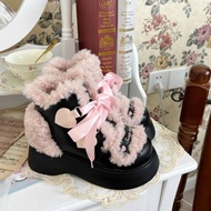 Lambswool Gothic Boots Cute Bow Cotton Shoes Sweet Japanese Gothic Cotton Boots