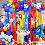 4th Birthday Decorations For Boys,Large Number 4 Balloon,Paw Party Decorations,Foil Fringe Curtains,