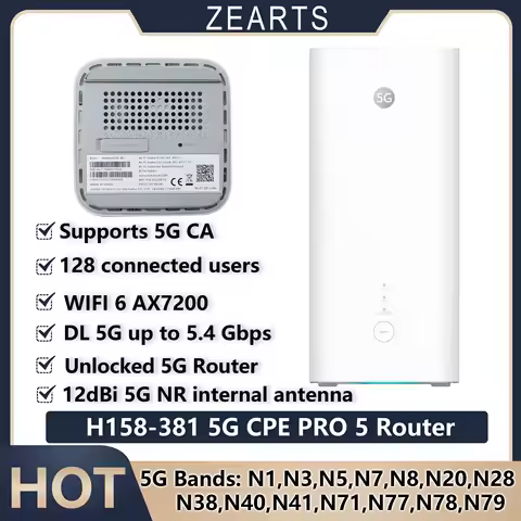 Unlocked 5G CPE Pro 5 H158-381 5G CA WiFi 6 Router 5.4Gbps 12dBi Antenna 128 Connected Users