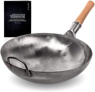 YOSUKATA Carbon Steel Wok Pan – 14" Woks and Stir Fry Pans - Chinese Hammered Wok Round Bottom Pow Wok - Traditional Chinese Japanese Woks - Carbon Steel Cooking Wok (14" Silver) 14" Silver