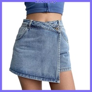 Casual Denim Shorts Plain Fake 2 In 1 Asymmetrical Pocket Denim Shorts for Women LNE58166