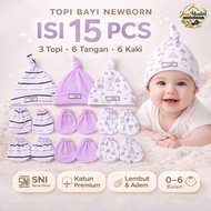 KATUN 15 Pcs Newborn Baby Hats – 3 Hats 6 Gloves 6 Socks Premium Cotton SNI Soft Cool 0–6 Months