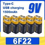 6F22 9V USB rechargeable battery, 1500mAh Type-C rechargeable lithium-ion battery, 9V suitable for m