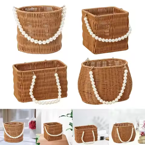 New Pearl Handle Imitation Rattan Basket Versatile Big Capacity Flower Basket Kitchen Sundries Organ
