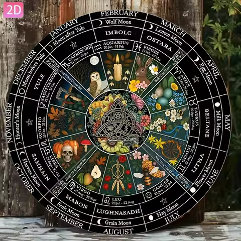 2D Flat, 1pc Vintage Metal Wall Decor Sign - Wheel of the Year Pagan Calendar & Wiccan Samhain Decor