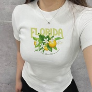 Women's Slim Fit Ribbed T-Shirt with Florida Orange Yellow Vintage Print, Women's Basic Summer T-Shi