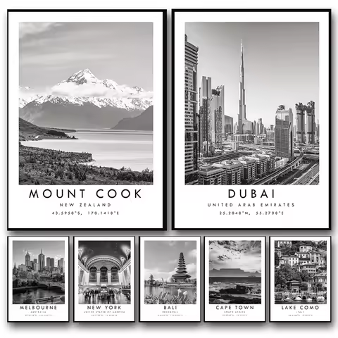 Black White Travel City Poster Dubai Prague Sydney Perth Tokyo Print Canvas Painting Wall Art Pictur