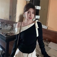 E0307-French Beautiful Black Cross-Shoulder Sweater Women Sexy Strapless Design Knit Top OL Professi