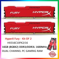 HyperX Fury 16GB (8GBX2) DDR3 1600MHz CL10 240-Pin หน่วยความจำเล่นเกมบนเดสก์ท็อป PC3-12800 1.5V DDR3L 1.35V 240พินชุดอุปกรณ์ DIMM 2ช่องสำหรับเล่นเกม PC RAM (HX316C10FK2/16) สีแดง