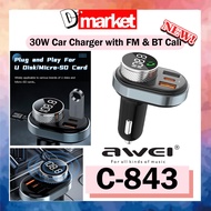 Awei C-843 30W Car Charger With FM Bluetooth Call Awei Car Charger Travel Pengecas Kereta Micro SD USB C843