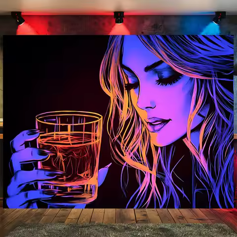 "Neon Girl Holding Cocktail Wall Tapestry - Cyberpunk Pop Art, Glamour Portrait with Vibrant Colors 