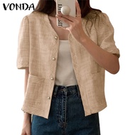 VONDA Women Korean Casual V-neck Short Sleeve Buttons Solid Color Blazer