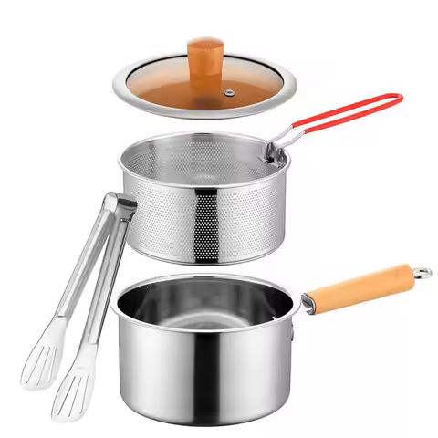 20cm Stainless Steel Deep Fryer Pot with Strainer Basket Wood Handle Mini Saucepan Soup Pot Milk Pan