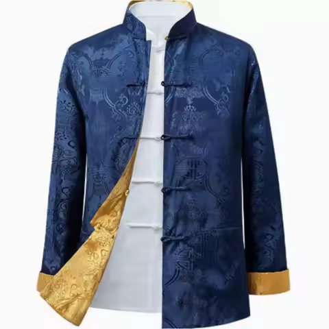 Men's Chinese Style Satin Silk Tang Suit Jacket Double-Faced Long Sleeve Kung Fu Coat Hanfu Clothing