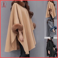 fulaide Women Cape Coat Solid Color Faux Fur Collar Autumn Winter Warm Loose-fitting Mid-length Ponc