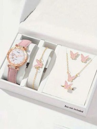 6 件/套女孩手錶豪華水鑽石英手錶、粉紅色漸變模擬手錶和蝴蝶首飾套裝 - 兒童禮物