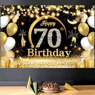 Happy 70th Birthday Backdrop Black and Gold Birthday Party Decorations Glitter Balloons Photography 