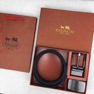 Chris代購 美國Outlet 感恩節特 隨時斷貨 把握機會搶購 COACH 男款 真皮 棕色禮盒皮帶 3.8CM