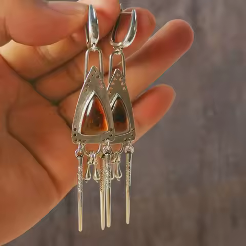 Gypsy Triangle Water Drop Stone Earrings Personalized Awl Cone Metal Orange Color Statement Earrings