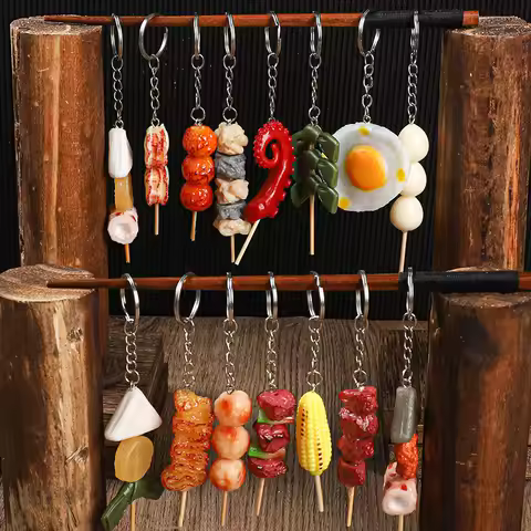 Creative Simulation BBQ Skewers Keychains Funny Resin Oden Squid Corn Gluten Keyring Pendant Cute DI