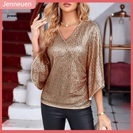 JEN Shiny Sequin Blouse - Glamorous V-neck Design for Women in Soft Breathable Fabric | Ideal for Pr