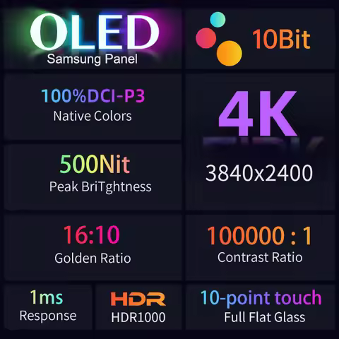 16inch 4K OLED Portable Monitor Touchscreen 16:10 3840*2400p 500Nits Metal Narrow Bezel External Mon