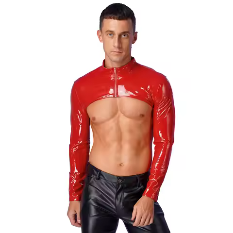 Men PVC Latex Leather Bolero Shrug Arm Sleeves Moto Biker Half Tank Top Muscle Shirt Performance Clu