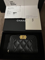 (SOLD)正品 Chanel boy zipped cardholder 拉鍊 卡包 黑金 銀 classic card holder coin pouch purse short wallet z