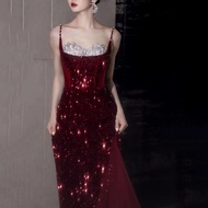Ladies Large Size Wine Red Wedding & Dinner Dresses - Elegant Evening Gowns with Sequins