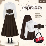 KEMEJA Vintage Vintage Vintage | Trendy Women's Suit (White Shirt, Layered Skirt, Obi Belt, Bag) Cow