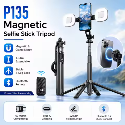 P135 Magnetic Bluetooth Selfie Stick Tripod, Universal Phone Floor Stand with 4-Leg Stable Base, Wir