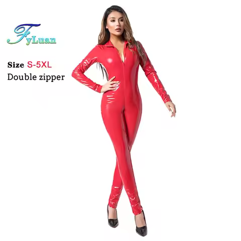 Double Zipper Open Crotch Women Bodysuit Faux Leather Catsuit Latex Clubwear Bodysuit Erotic Costume