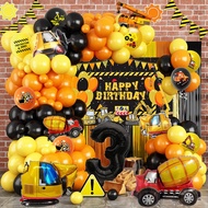 81pcs Construction Theme Black Orange Balloon Set with Backdrop Cloth and Excavator Truck Foil Ballo